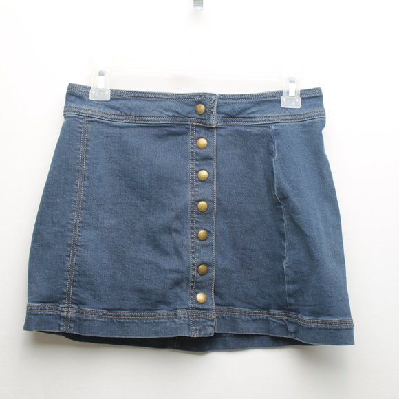 Free People Blue Jean Denim Full Snap Mini Skirt Women's Size 4 VINTAGE - Picture 1 of 9